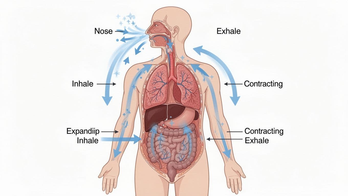 Illustration of torso cross-section highlighting diaphragm and lungs during deep breathwork, with arrows showing air flow from nose to expanding belly on inhale and contraction on exhale.