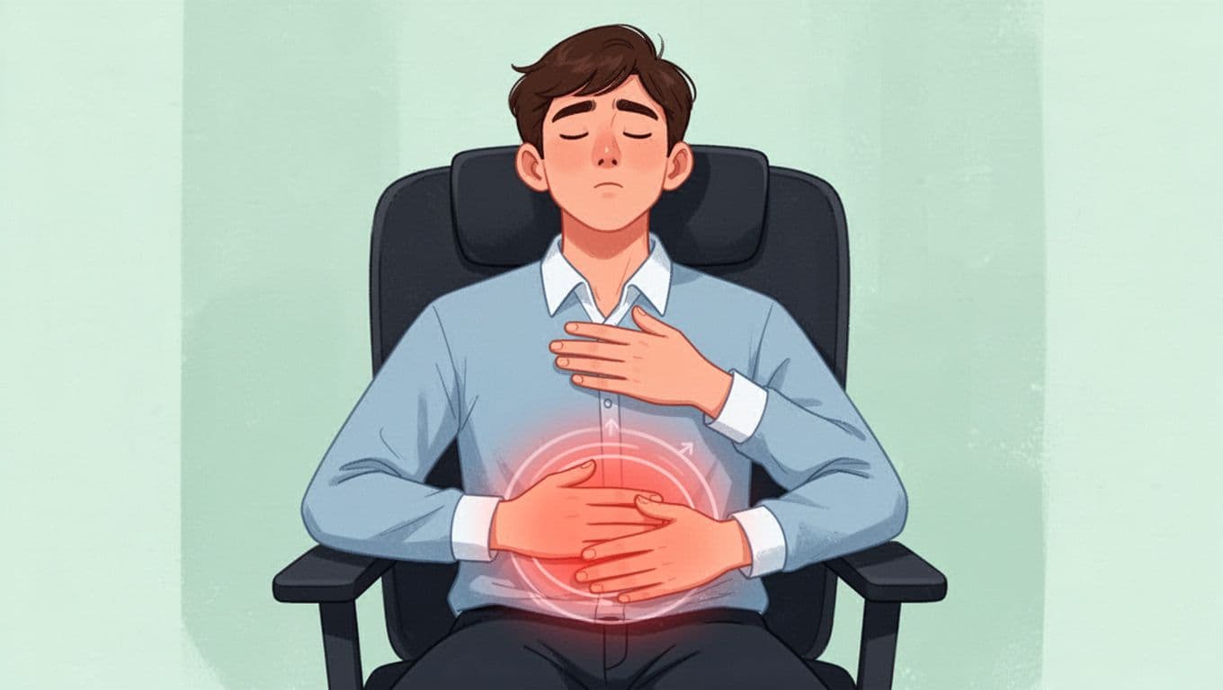Young professional sitting relaxed in office chair, hand on still chest and expanding abdomen during deep nasal inhale, modern illustration with clean shapes and calming blues, greens, neutrals.