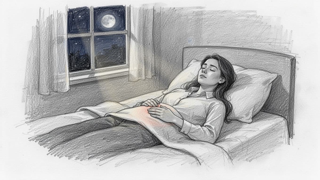 A relaxed young professional lying in bed at night, hand on belly practicing diaphragmatic breathing, serene expression with eyes closed, soft moonlight, hand-drawn graphite sketch style.