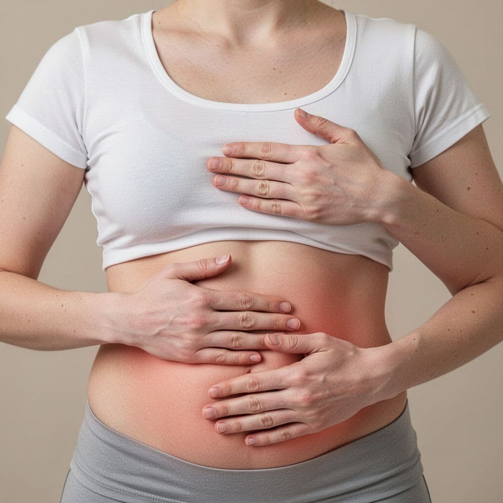 Close-up of hands on torso showing diaphragmatic breathing: belly hand rising slowly, chest hand still, photorealistic medical style.