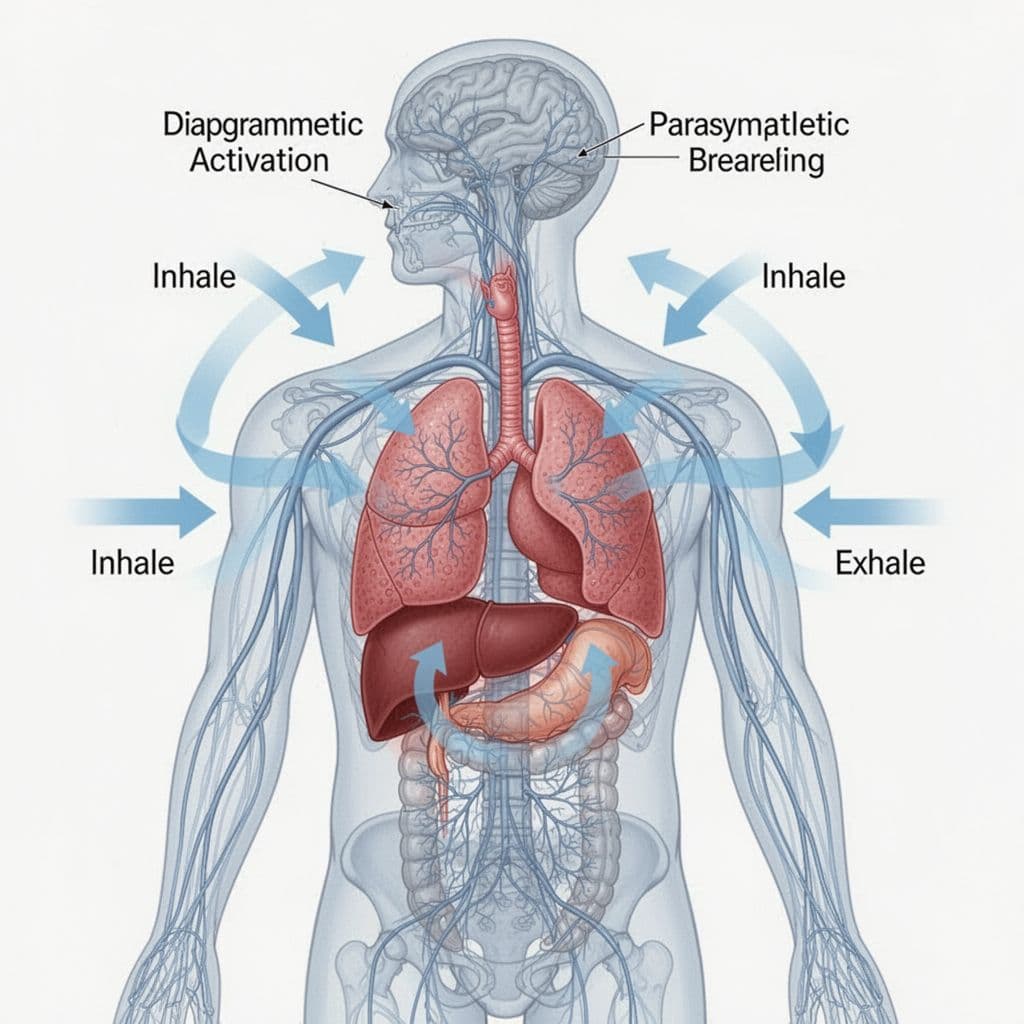 Illustration of human body highlighting diaphragm and lungs during deep diaphragmatic breathing, with arrows showing inhale and exhale flow. Nervous system overlay in subtle blue lines indicating parasympathetic activation calming the body.