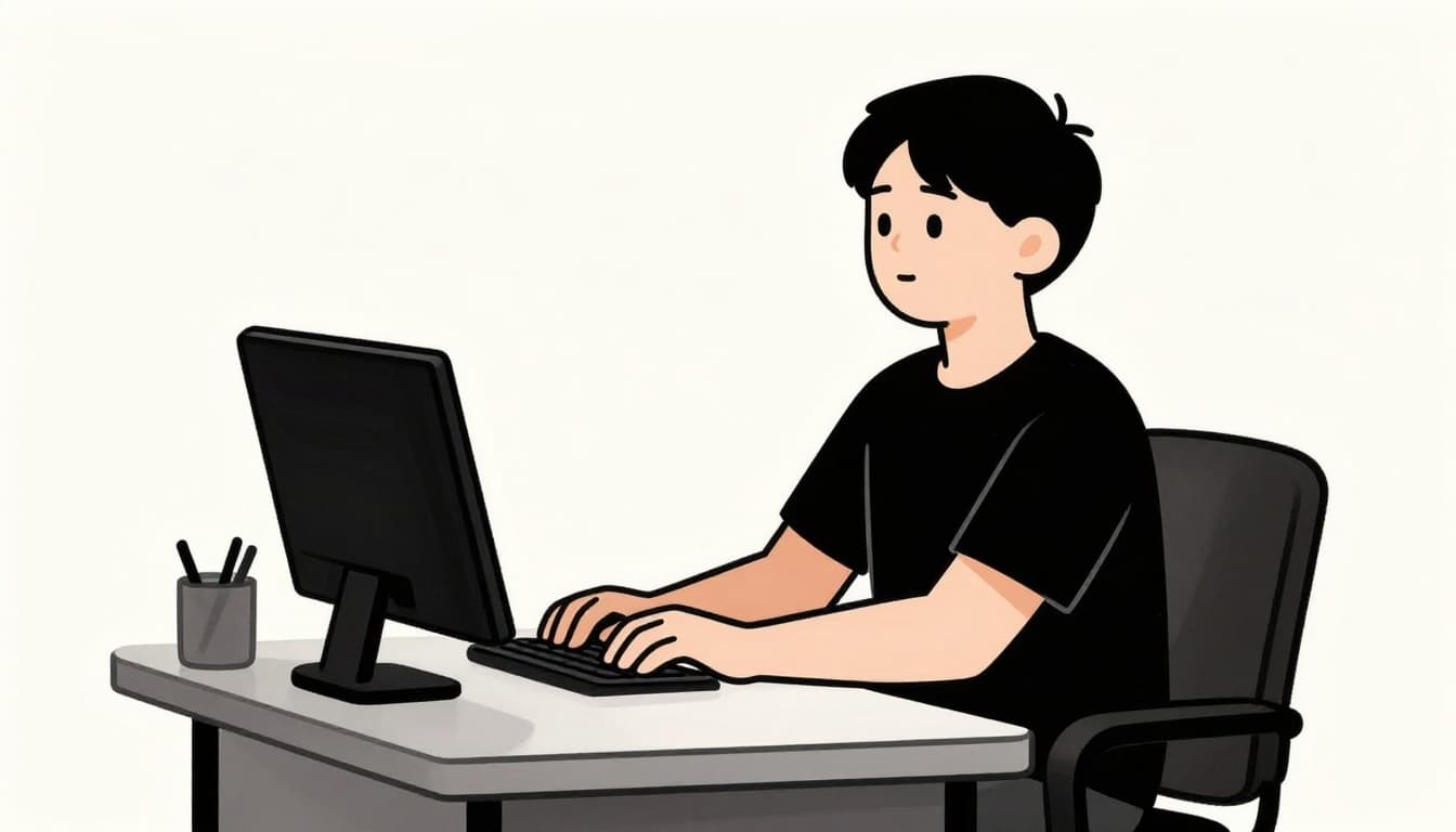 Side view of a person seated in an ergonomic chair at a work desk practicing diaphragmatic breathing, with hand on rising belly, closed computer in background, calm minimalist illustration style with soft lighting, exactly one person, no text or distractions.