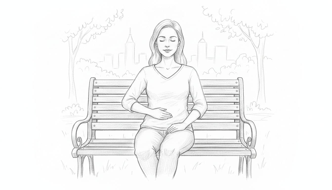 Hand-drawn graphite sketch of one person sitting calmly outdoors on a park bench in a city park, eyes closed, one hand on belly demonstrating deep diaphragmatic breathing, relaxed posture with subtle trees and skyline.