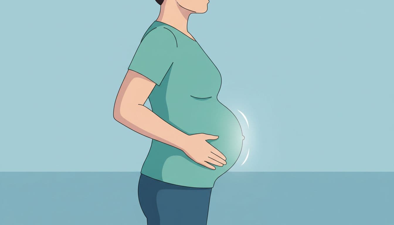 Side profile illustration of a single person in relaxed standing pose, hand gently on lower belly with abdomen expanding outward during deep inhale, modern style with cool blue-green palette on neutral background.