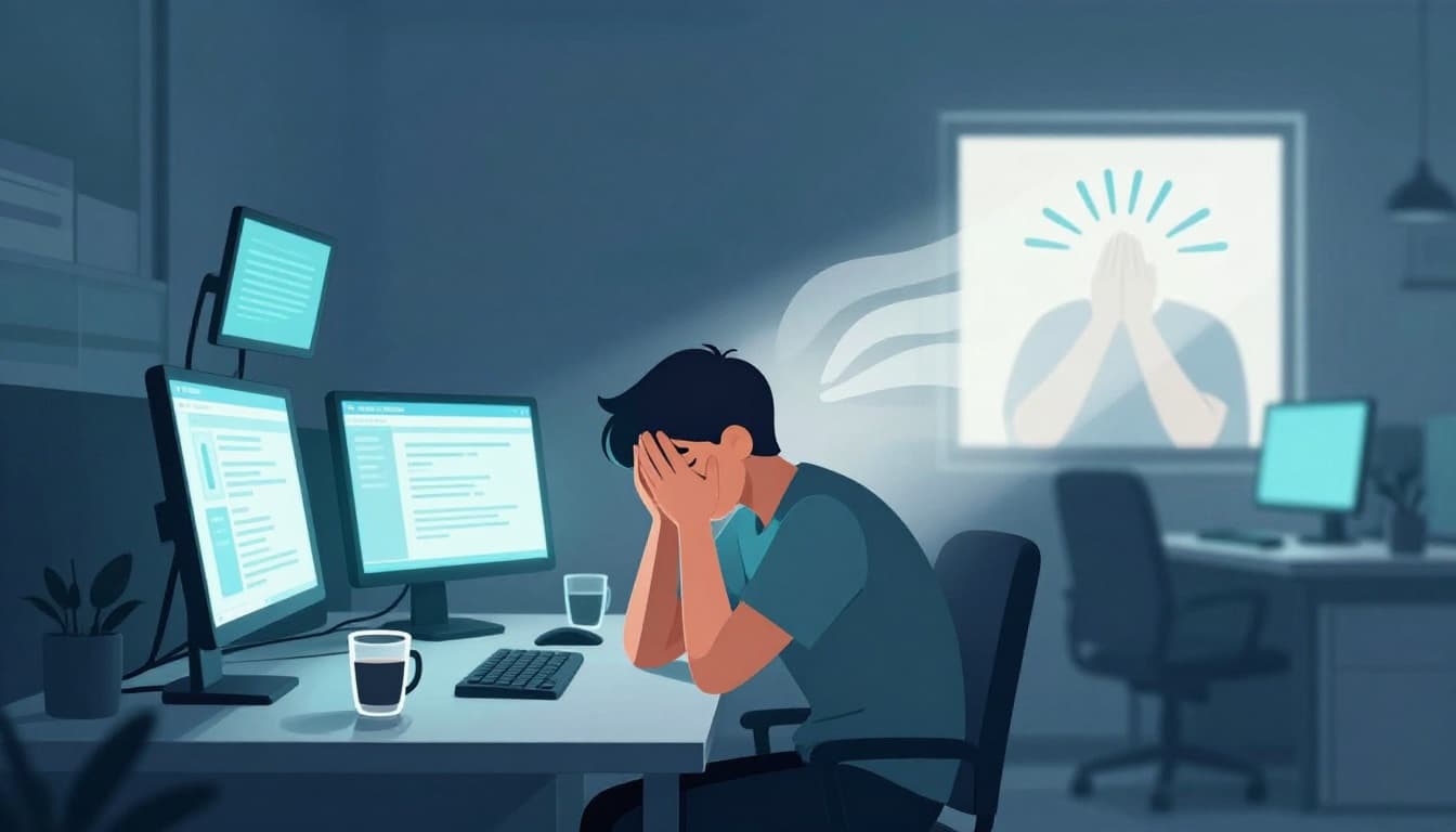 Modern illustration of a person at a desk overwhelmed by multiple glowing screens, head in hands with empty coffee mugs, transitioning to a brighter breathing pose for relief.