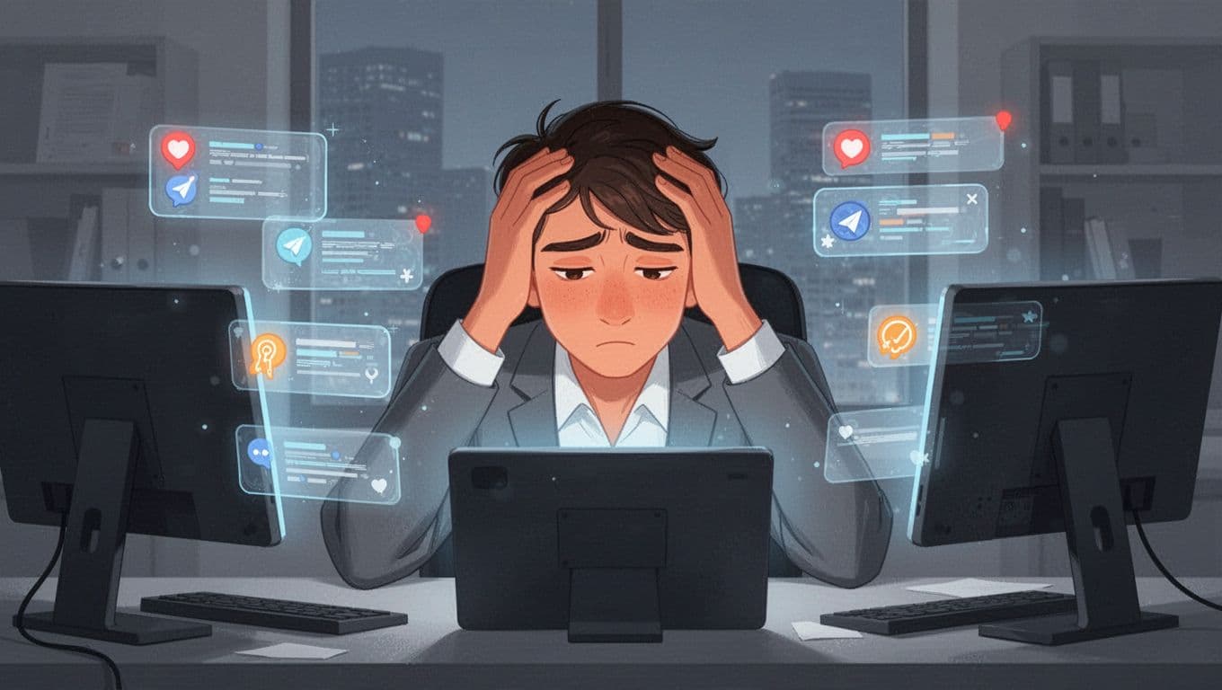 A young professional in an office setting stares tiredly at multiple glowing screens filled with notifications, hands on head expressing fatigue, in a modern illustration style with cool blues, grays, and soft oranges.
