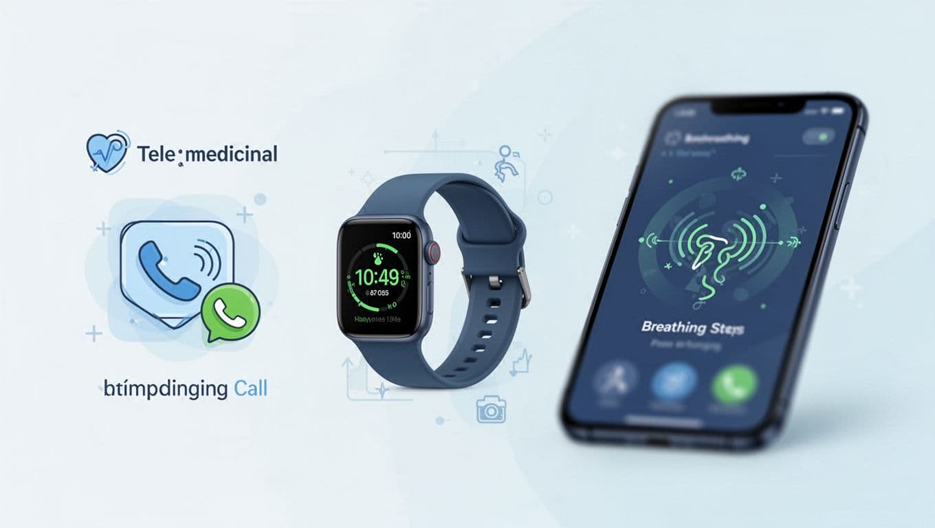Modern illustration in clean shapes with warm blue and green palette showing simple icons of health app features like telemedicine call, wearable watch tracking steps, and breathing guide on phone screen, arranged on a clean background.