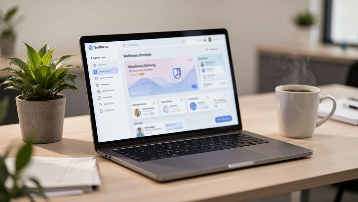 Laptop screen at an angle displaying a blurred modern wellness platform dashboard on an office desk with plant and coffee mug, soft lighting, realistic style, no people or extra devices.