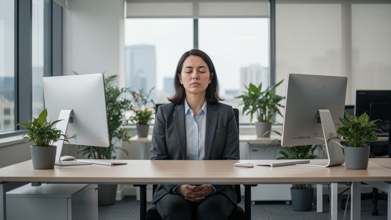 A person seated at a modern office desk performs discreet deep breathing with relaxed closed eyes and hands in lap, in a clean corporate environment with computer, plants, and soft natural window lighting.