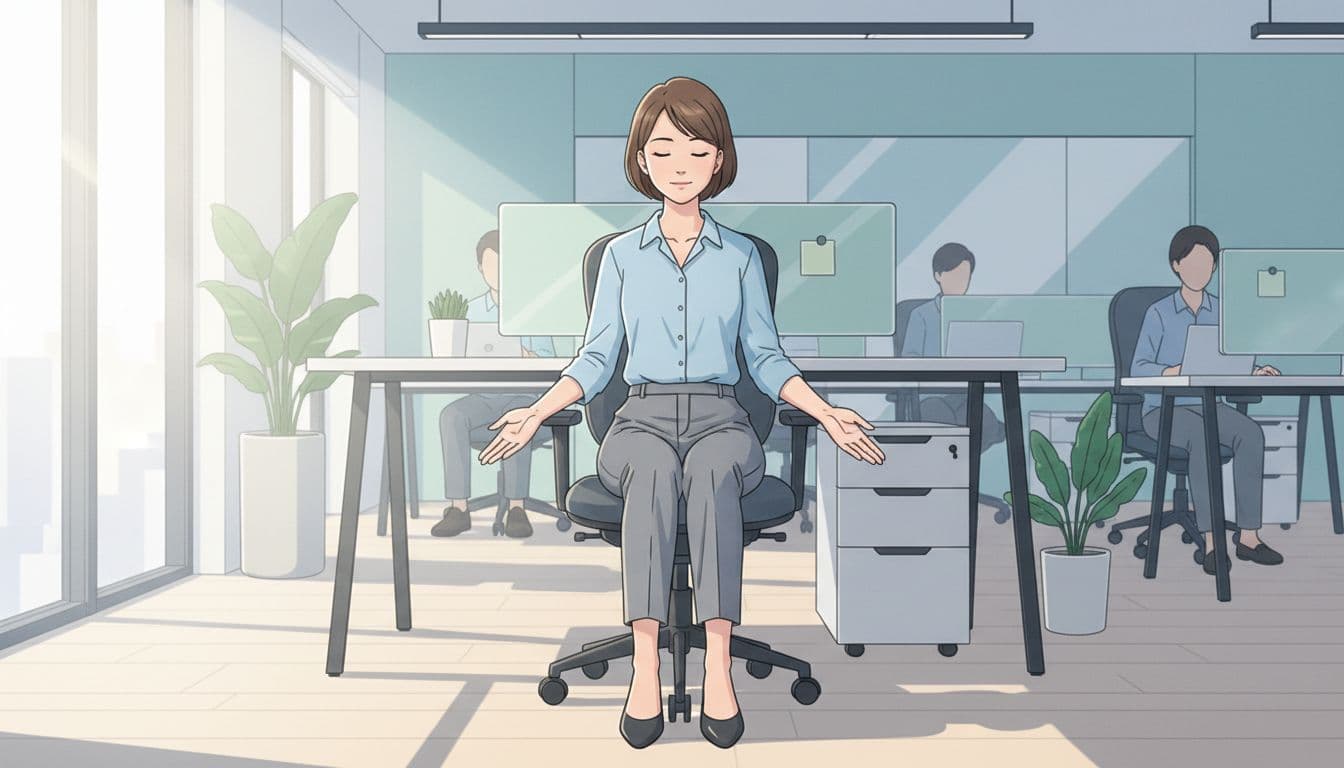 A young professional woman in her late 20s sits at a modern open-plan office desk, eyes gently closed, feet on the floor, hands relaxed on thighs, practicing a discreet breathing and grounding exercise amid blurred colleagues. Soft window light illuminates the modern illustration in cool blues, grays, and greens.