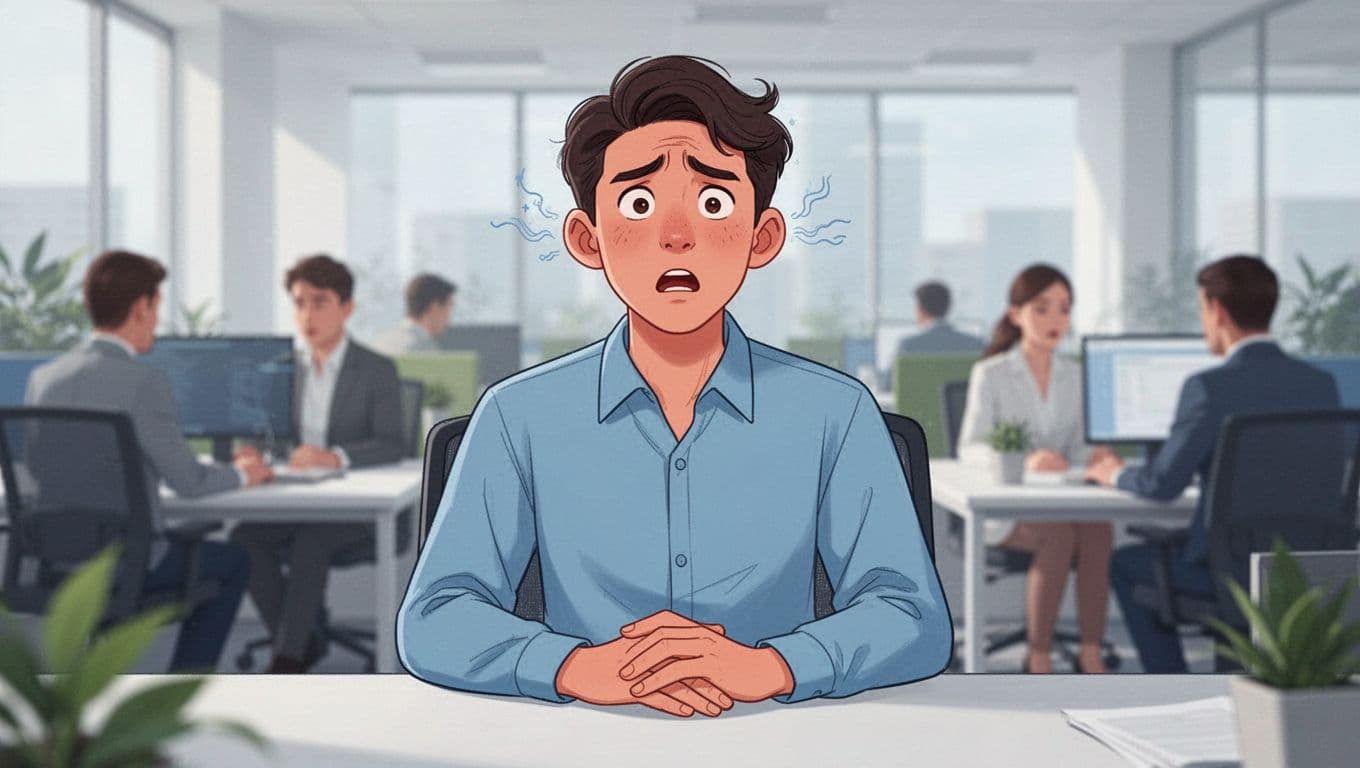 Modern illustration of a young professional at an open office desk practicing discreet deep breathing to manage early signs of panic, with wide eyes and hands on lap, close-up on upper body and face amid blurred colleagues.