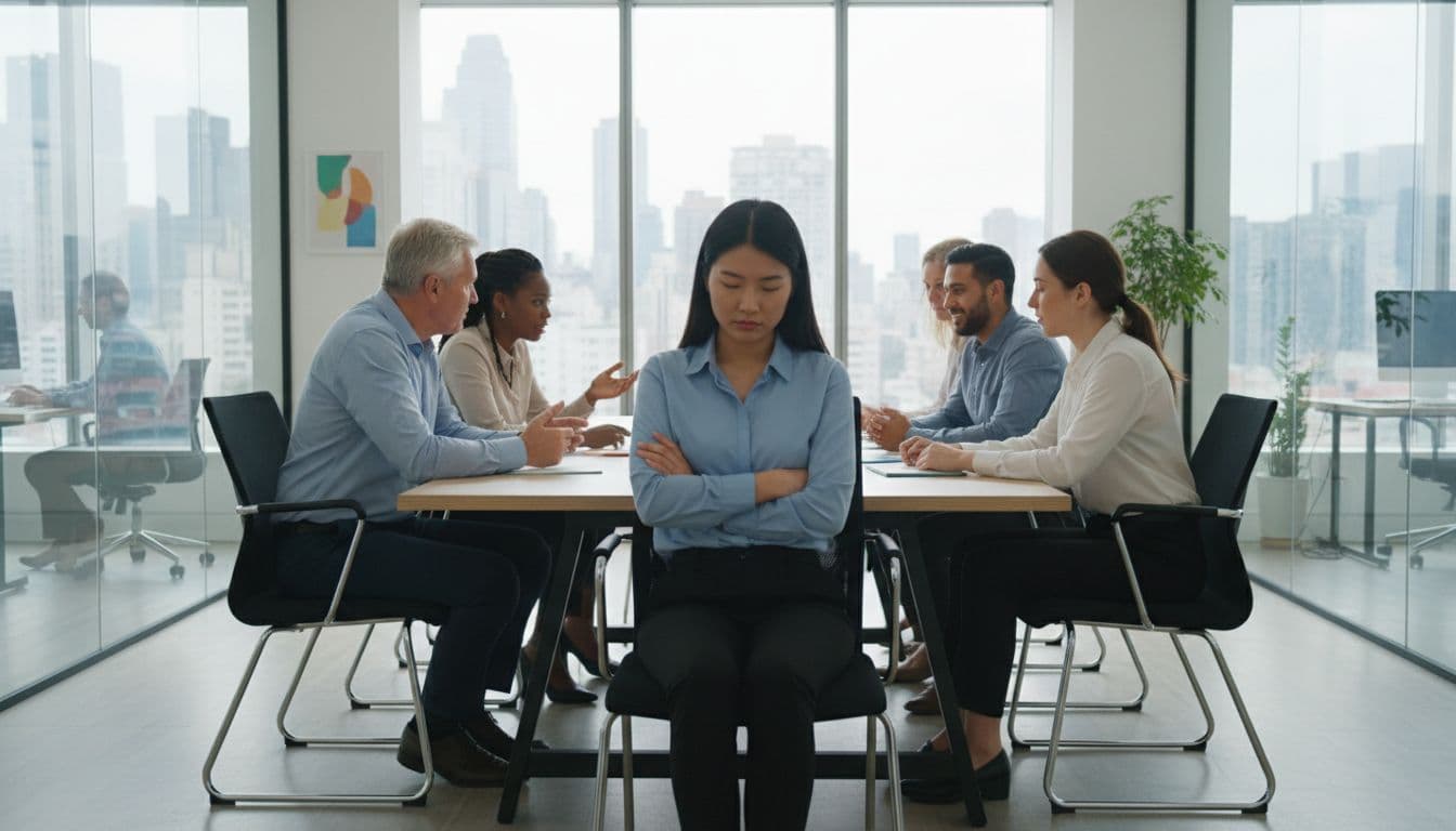 Modern office meeting room with six diverse professionals around a conference table; one young woman disengaged with arms crossed and eyes downcast, others animatedly engaged, natural daylight.