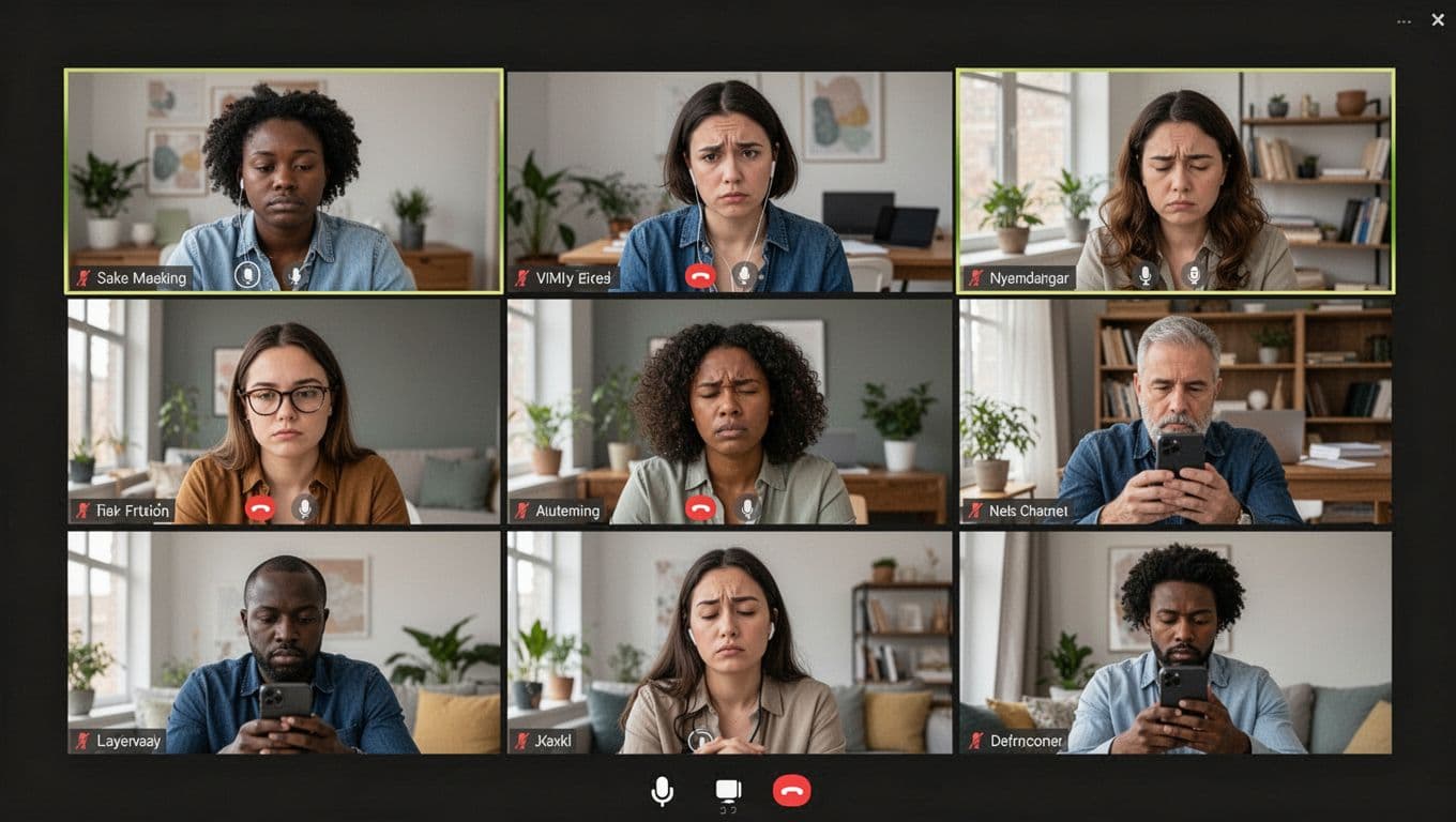 A diverse group of five professionals on individual screens in a virtual meeting, appearing disengaged with muted microphones, blank stares, and some checking phones amid home and office backgrounds.