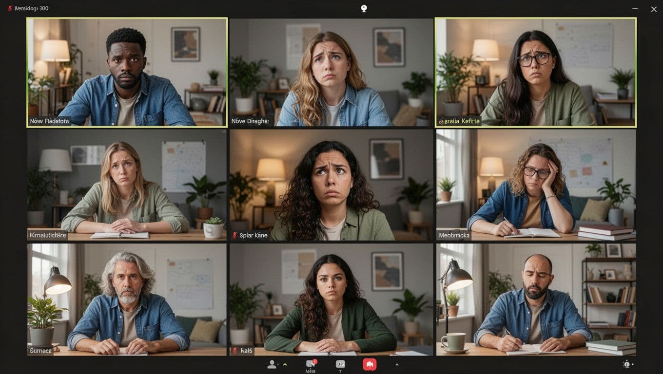 A realistic grid of six diverse professionals' screens in a virtual meeting, showing bored and distracted expressions, some looking away, in dimly lit home offices with relaxed hands on tables.