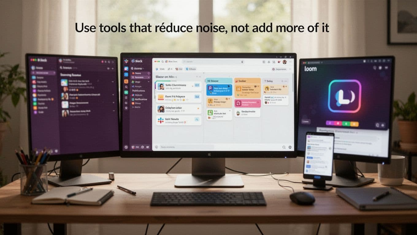Realistic photo of a minimalist desk with Slack threads, Asana board, Loom recording, and notifications disabled under soft natural light, emphasizing tools that simplify remote workflows without people, readable text, or visible logos.