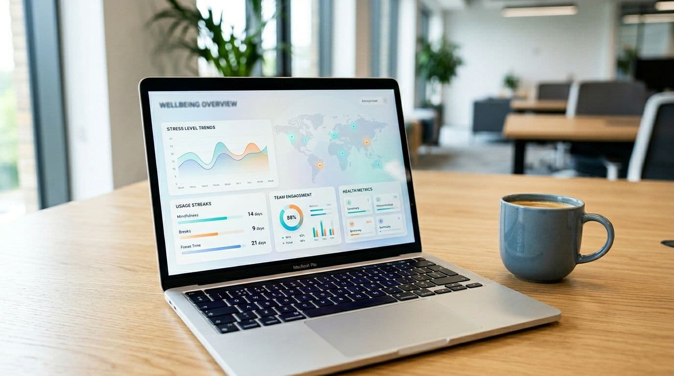 Realistic angled view of a laptop screen in a bright office showing a clean modern dashboard with anonymized aggregated wellbeing metrics like stress trends and usage streaks for a distributed team, subtle global map background in soft blues, coffee mug nearby.