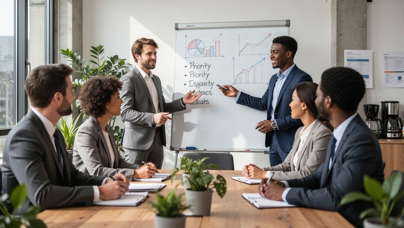 Four diverse business professionals in a modern conference room, engaged in collaborative discussion of charts on a whiteboard, with one pointing at a priority list. Bright natural light, plants, coffee station, focused expressions, and blurred background team.