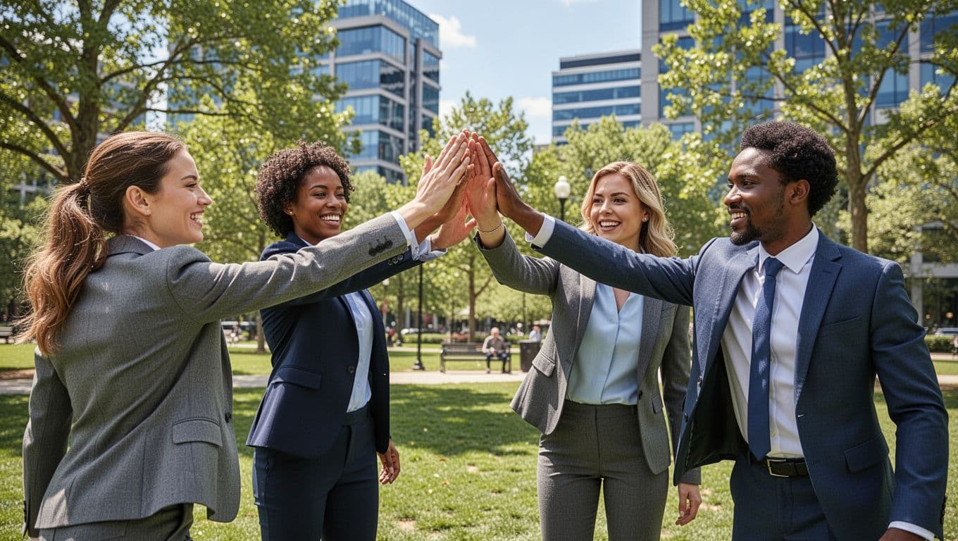 Four diverse business professionals celebrate a team challenge success with a high-five in an outdoor park near their office on a sunny day, captured in dynamic realistic photography with vibrant colors.