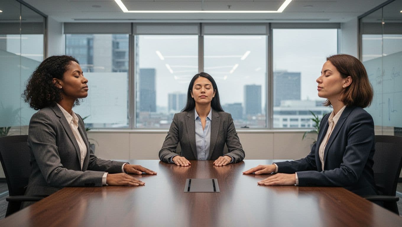 Three diverse business professionals sit around a conference table in a modern office, eyes closed and breathing in unison with relaxed postures and hands flat on the table, capturing a calm team pause moment in realistic photography style.