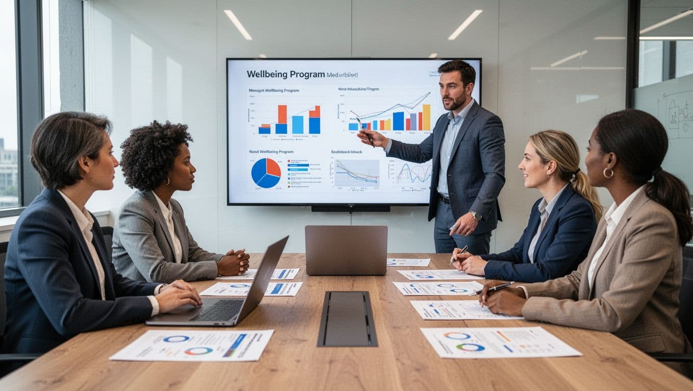 A group of five diverse professionals in a modern conference room engages in a meeting, reviewing charts and feedback forms for wellbeing program metrics, with one leader pointing at a screen displaying graphs under natural office lighting.