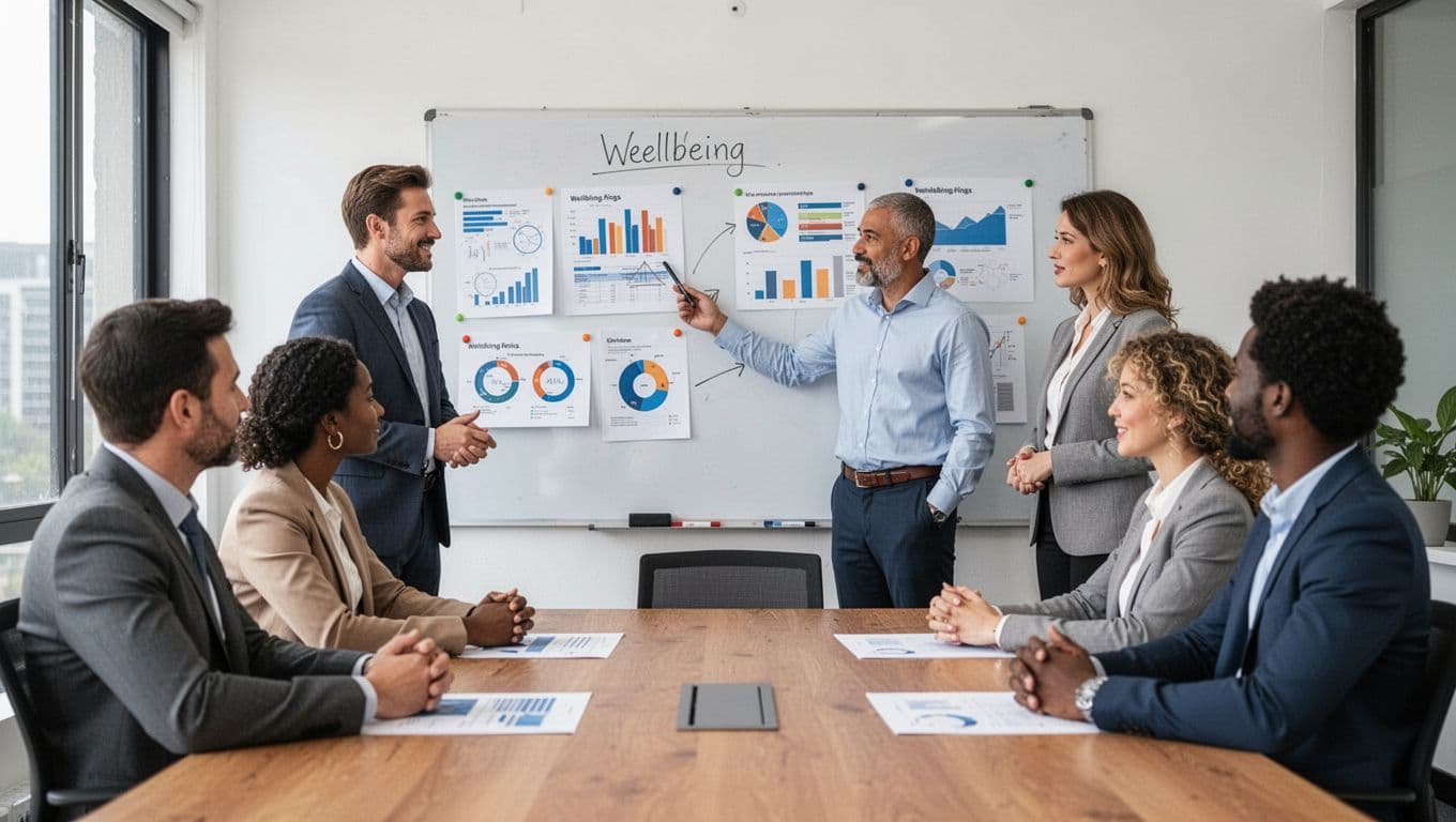 A diverse group of five professionals in a bright office meeting room discusses charts on a whiteboard, with the manager pointing to wellbeing metrics, featuring relaxed expressions in a realistic photo style.
