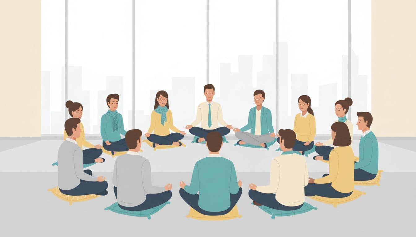 Grupo diverso de 10 empleados de oficina en CDMX participa en micro pausa de respiración guiada, sentados en círculo con ojos cerrados en sala de juntas moderna, estilo ilustración vectorial plana.