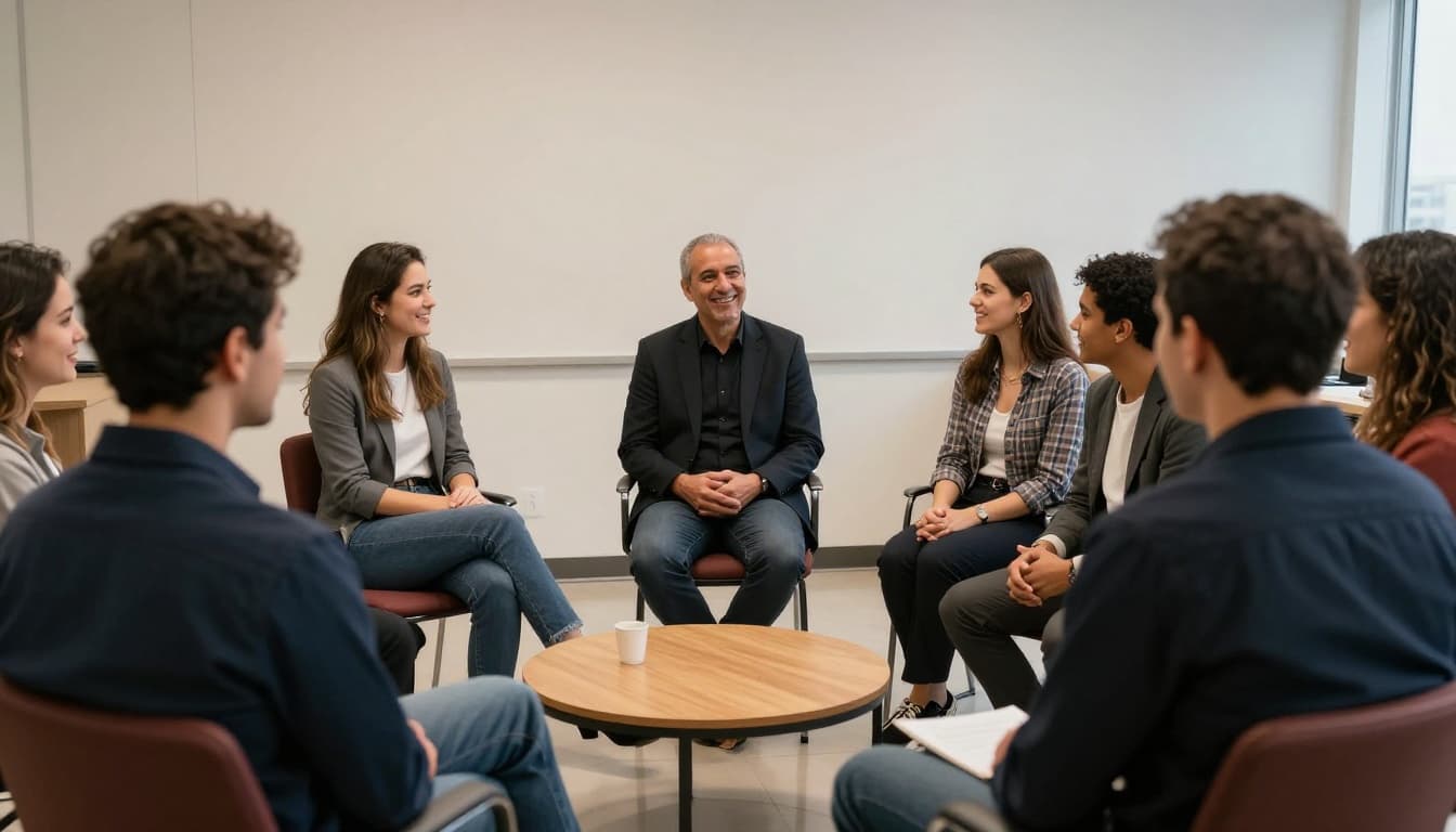 A small group of exactly four diverse colleagues—two women and two men—seated in an informal circle in an office for a short wellbeing meeting, with light smiles, focus on conversation, leader facilitating, relaxed hands on table, realistic style, warm office lighting, wide horizontal composition.