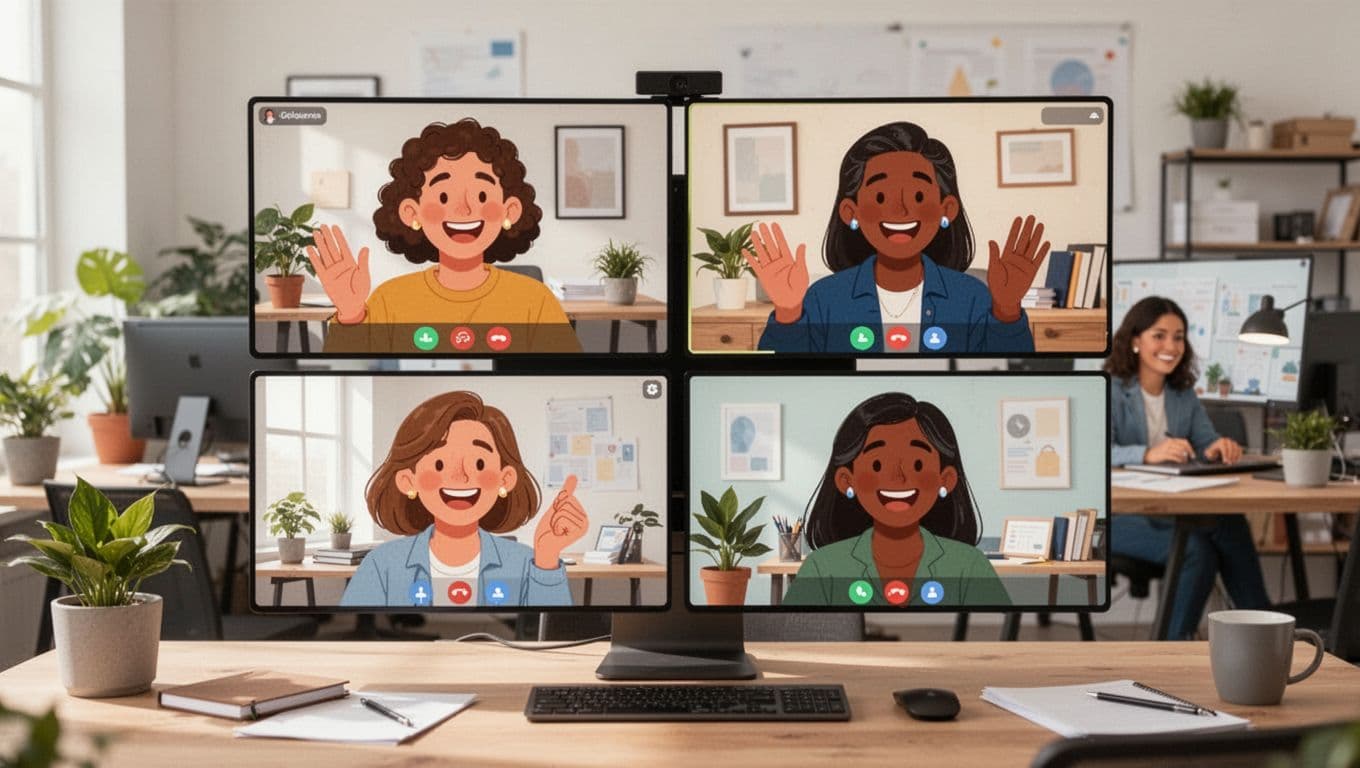 A diverse group of four colleagues on a video call with smiling faces and animated gestures, varied home office backgrounds, multiple screens composed on a table, clean modern illustration style with natural lighting, no text or distractions.