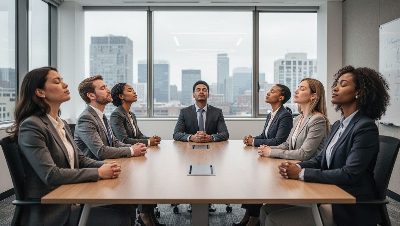 A diverse group of six corporate professionals seated around a table in a modern conference room, eyes closed and practicing guided breathwork together with relaxed postures under natural window light.