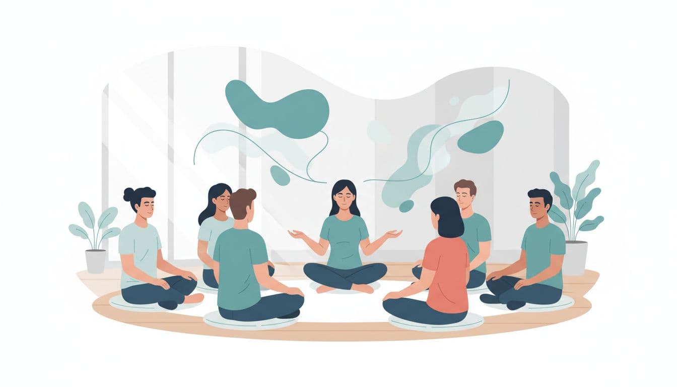 Ilustración moderna de un equipo diverso en una oficina luminosa de CDMX practicando breathwork guiado por un facilitador, sentados en círculo relajados con ojos cerrados.