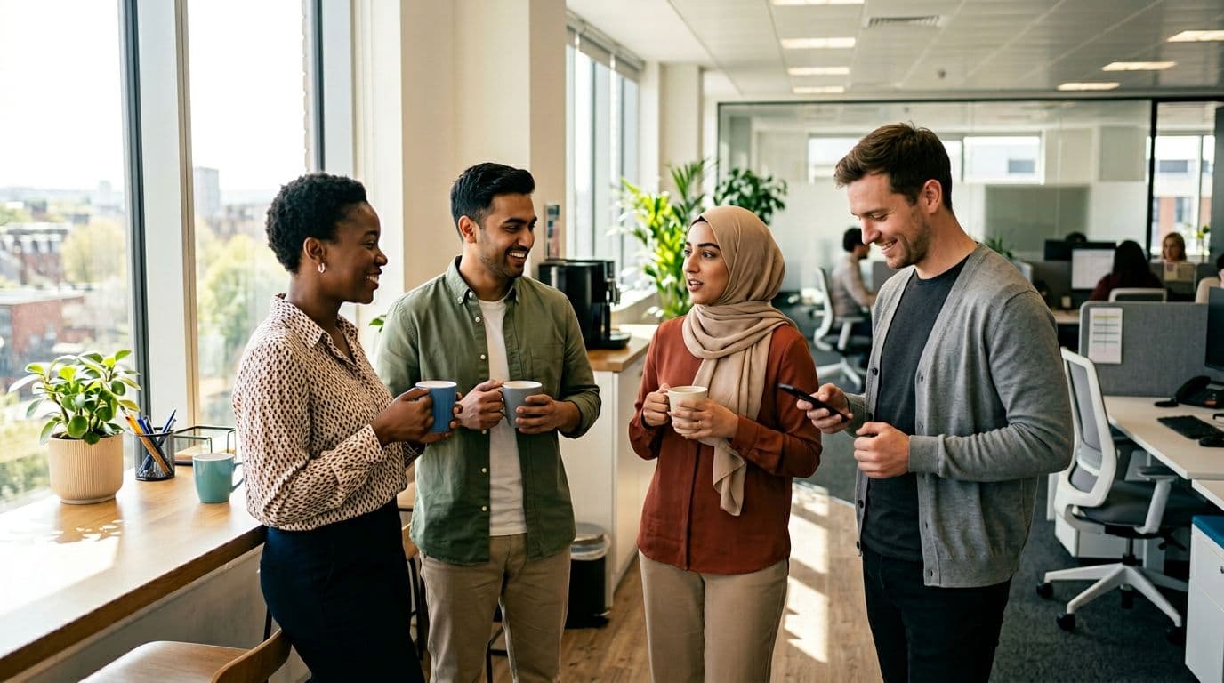 A diverse team of four customer support agents in an open office taking a short break, standing around chatting calmly with coffee mugs, one casually checking phone, bright natural light from windows, realistic photography style.