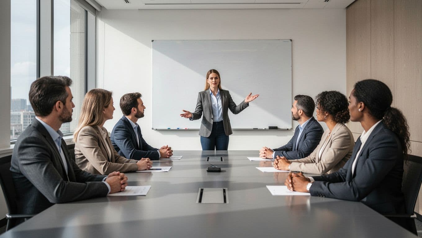 A diverse group of nine employees sits attentively around a modern meeting room table, listening to a facilitator pointing at a blank whiteboard, with natural light from large windows.