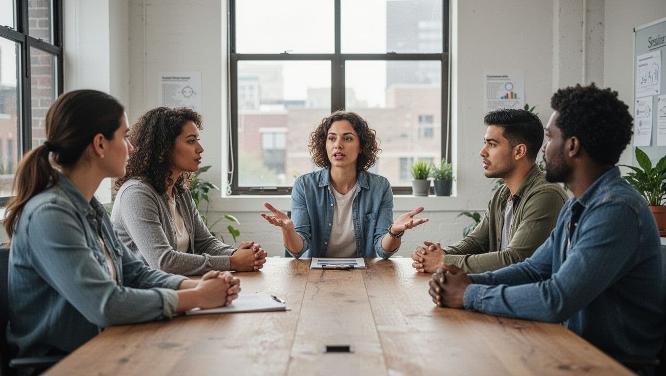A diverse group of five office employees seated around a table in a casual meeting room, one person speaking with an open gesture while others listen attentively, natural light from the window illuminating the scene.