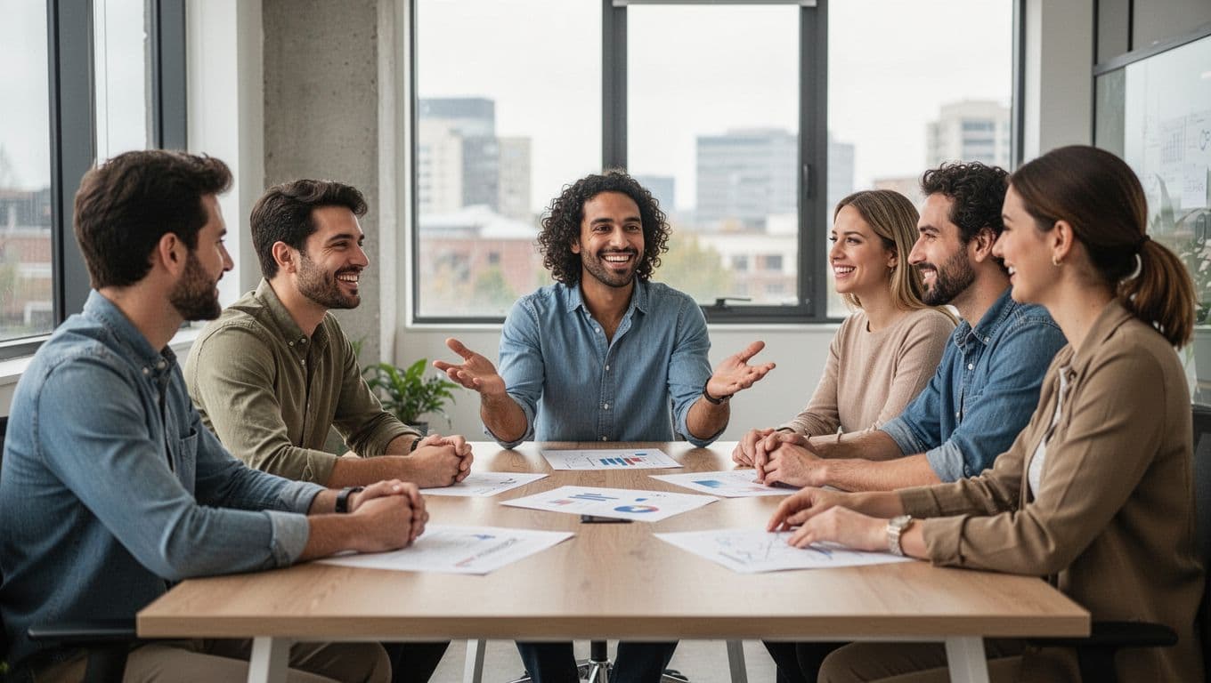 A diverse group of six employees collaborates around a round table in a modern office during a meeting, with one sharing an idea openly amid attentive and positive expressions.