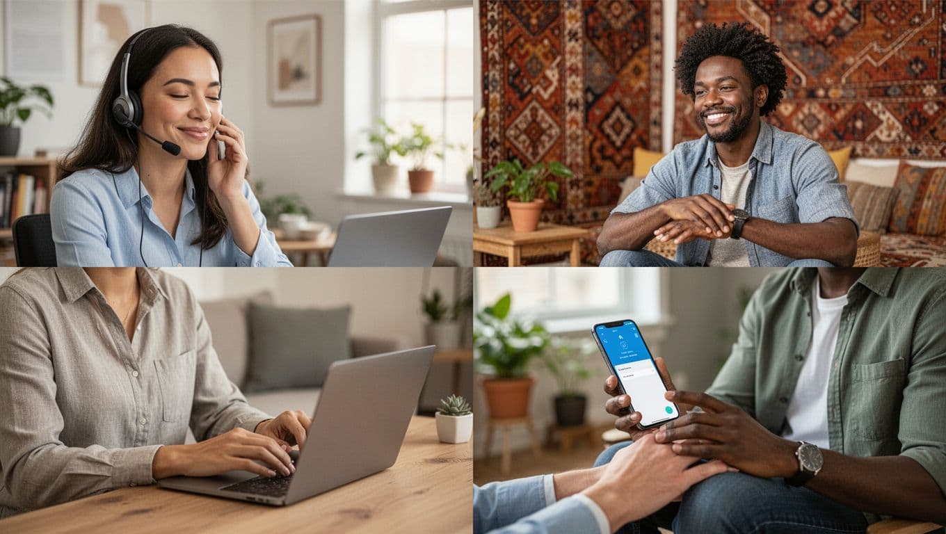 A diverse group of four employees from various global locations access mental health support remotely—one on a video call with a counselor, another using a mobile app—against multicultural backgrounds with natural lighting and relaxed poses.