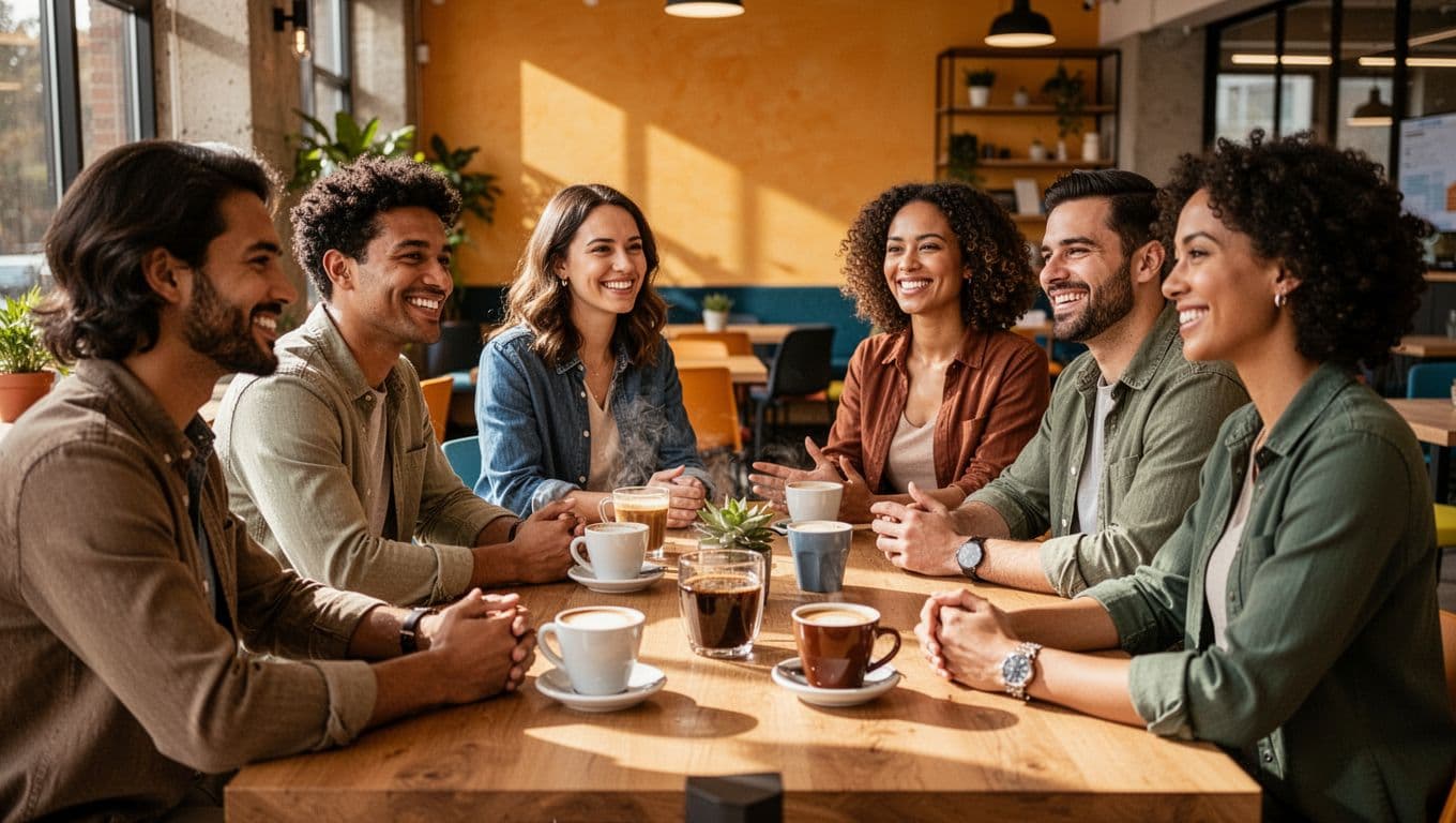 A diverse group of six happy employees at a corporate event, sharing authentic success stories around a table with coffee in a vibrant, welcoming atmosphere with warm lighting.