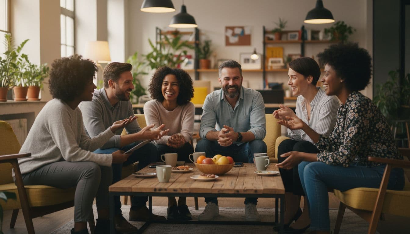 Group of six diverse employees in casual office lounge sharing stories around a table with coffee, smiling and talking in relaxed natural poses under warm ambient lighting.