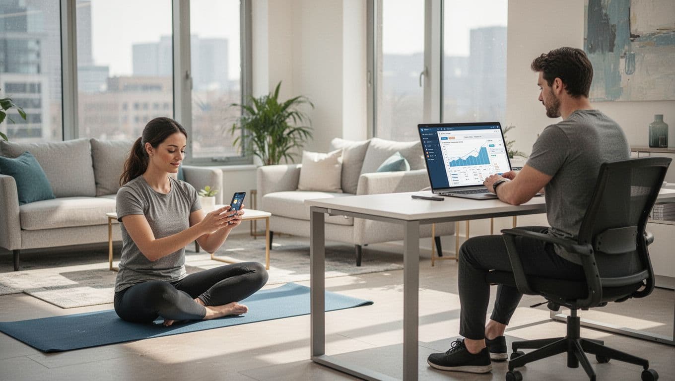 Three diverse employees in a bright modern lounge balance daily life: one on yoga mat with fitness app, one in blurred therapy video call, one on angled financial planning laptop.