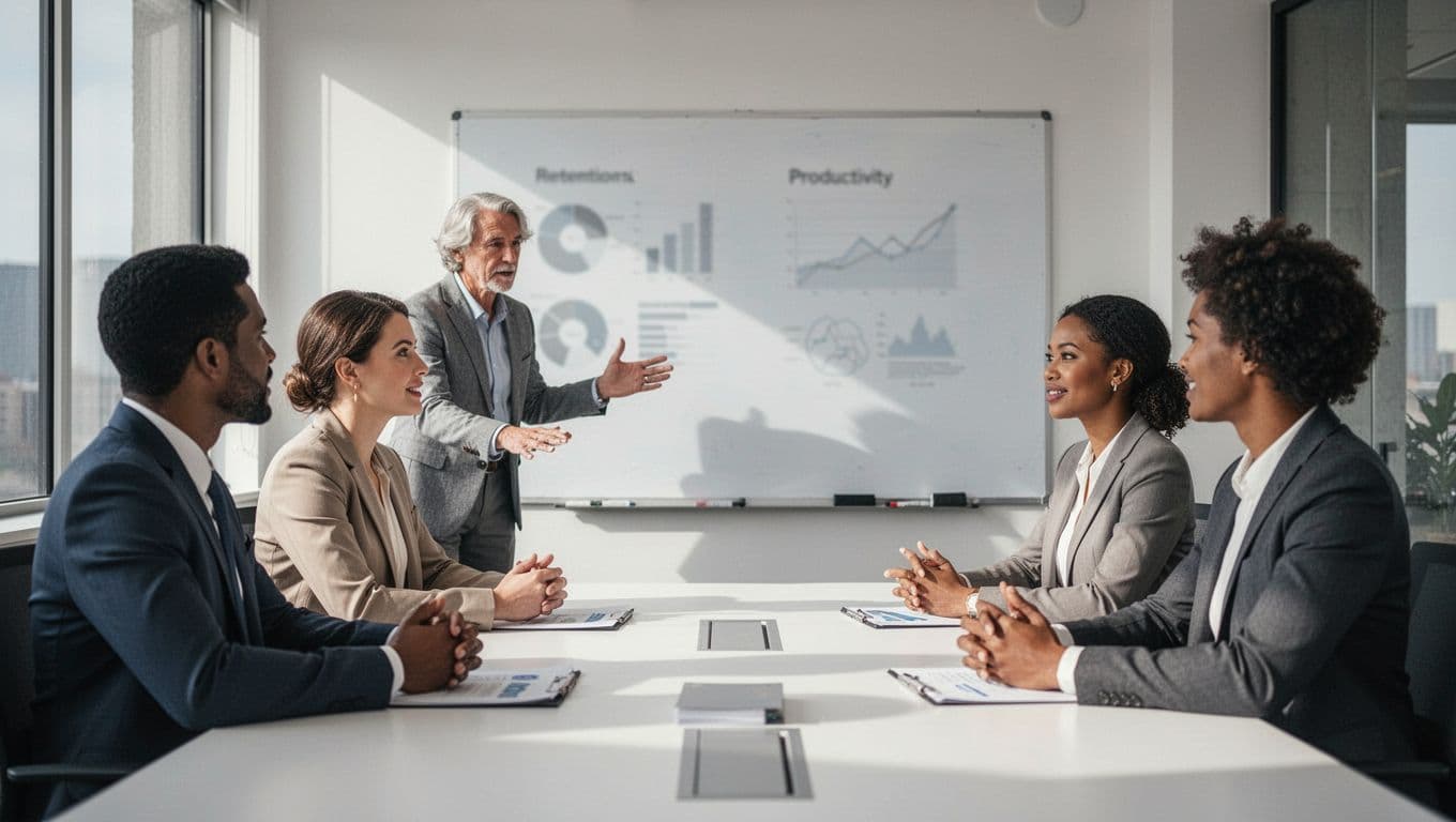 A diverse team of four confident executives in a corporate meeting around a conference table, discussing wellbeing benefits with blurred positive graphs on retention and productivity in the background. A leader points to a whiteboard in realistic professional style.