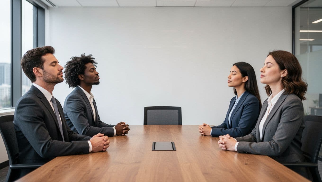 A team of four diverse executives—two men and two women—seated around a table in a minimalist conference room, eyes closed and breathing slowly in calm, unified posture. Realistic photo style with soft natural light, no distractions like phones or logos.