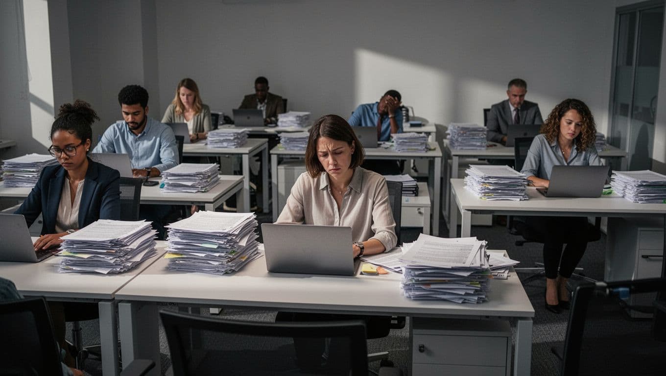 A diverse group of exhausted office workers sits at cluttered desks with stacks of papers and open laptops under dim lighting, capturing the widespread impact of workplace burnout.