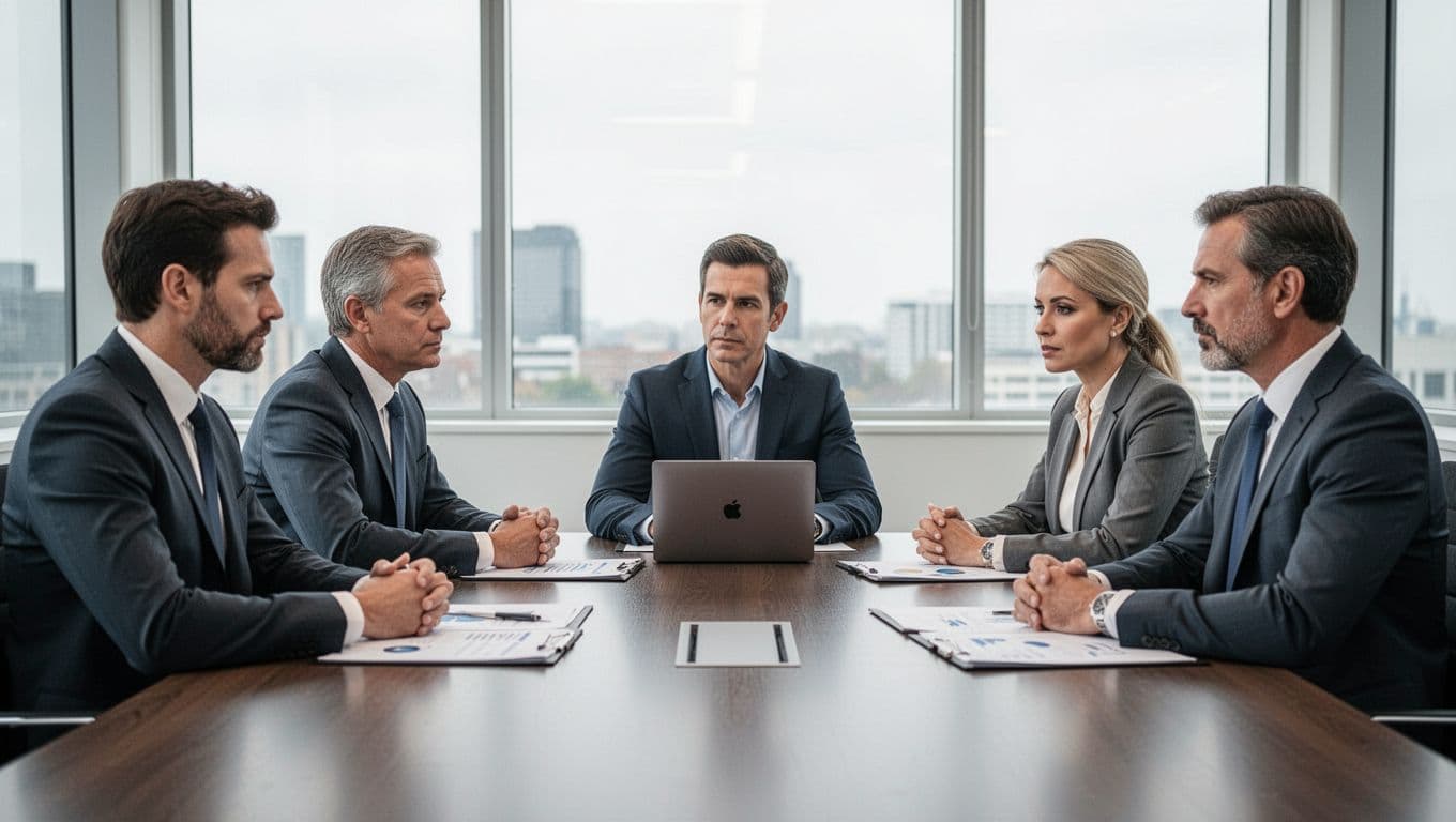 A diverse group of five business executives sits around a modern conference table with documents and a laptop, engaged in serious discussion under natural window light in a professional realistic photo style.