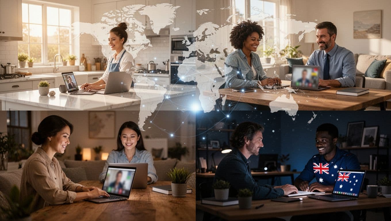Diverse group of four professionals from different countries working remotely in kitchens, offices, living rooms, and desks across Europe, US, Asia, and Australia, connected by a faint world map overlay in realistic photography style.