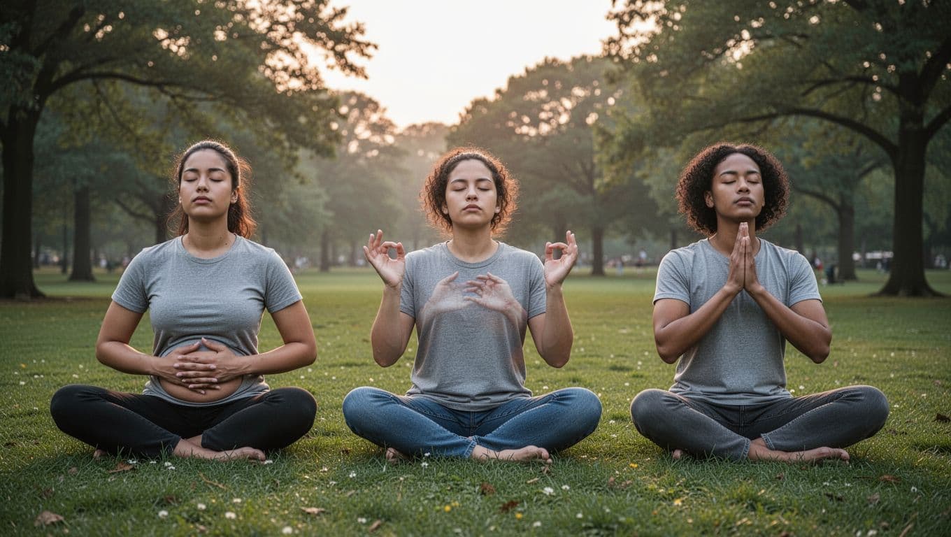 Landscape view of three diverse people in a serene park at dawn, each demonstrating simple breathwork techniques: diaphragmatic breathing, box breathing, and resonant breathing poses.