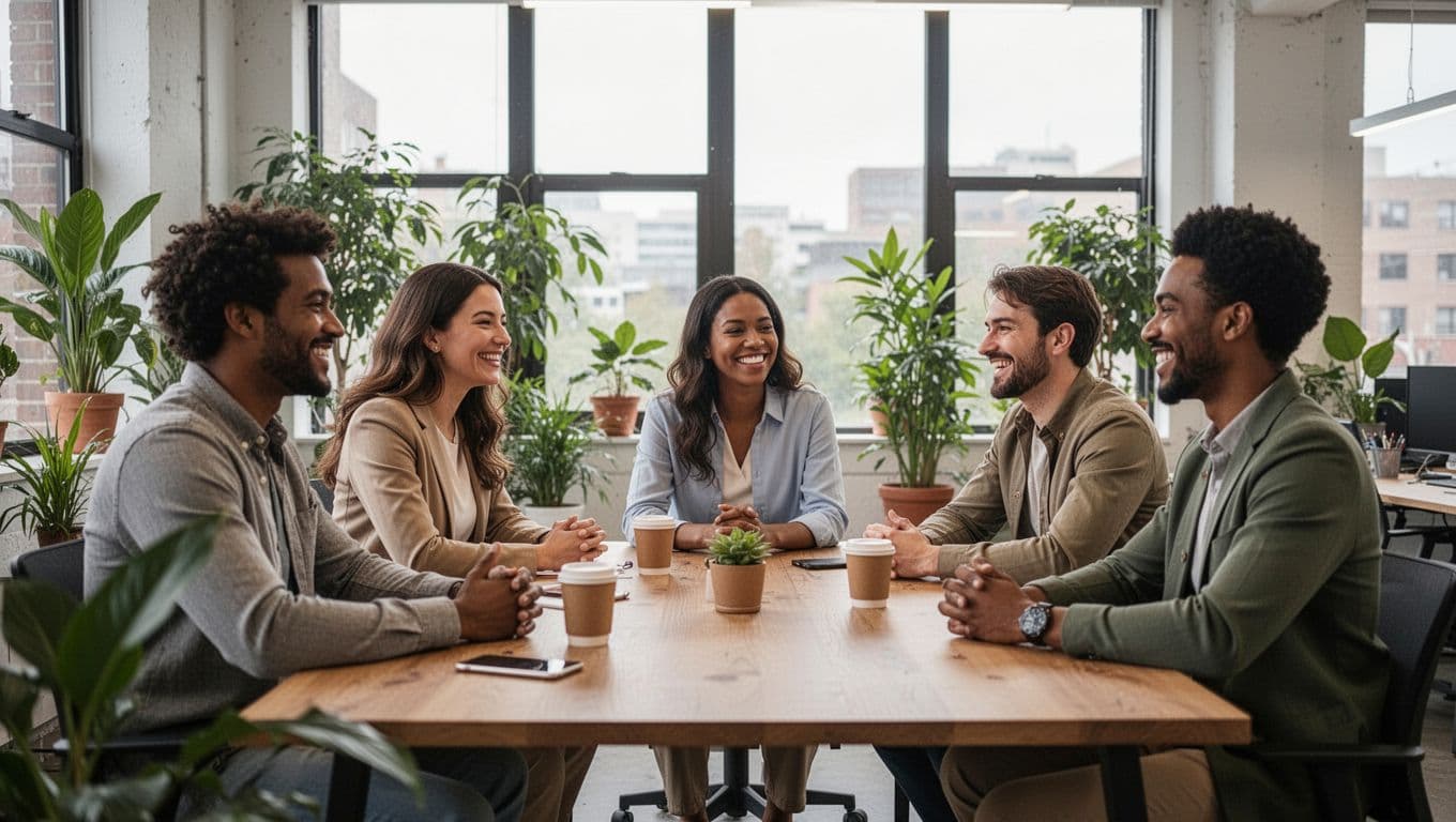 A diverse group of five happy and relaxed employees casually chatting around a table with coffee in a luminous office with plants and large windows. Photorealistic style with soft natural lighting and wide horizontal composition.