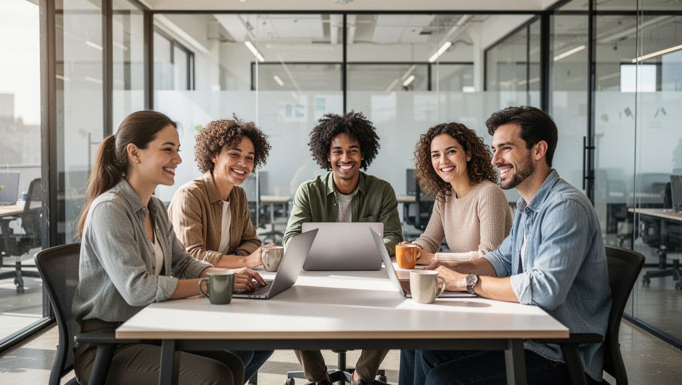 Diverse group of five office workers in a modern open-plan workspace, relaxed and collaborating around a table with laptops and coffee mugs under natural daylight lighting, realistic style.