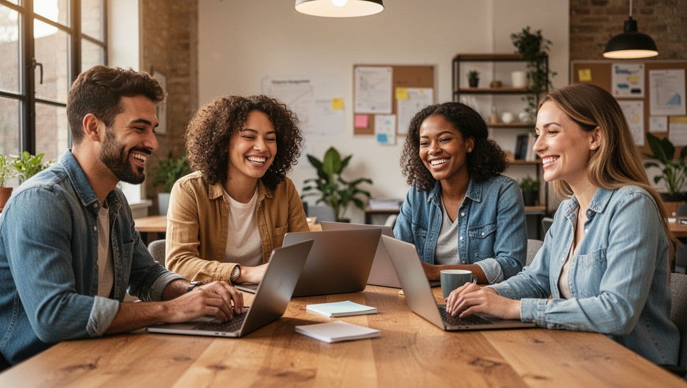 A diverse team of four office professionals, two men and two women, smiling and collaborating around a table with laptops in a casual meeting room with warm lighting and relaxed atmosphere, promoting work-life balance and productivity.
