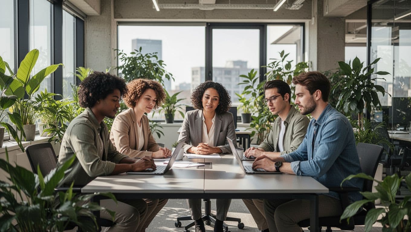 A diverse team of five office workers looking healthy and focused, collaborating around a table in a modern open office filled with plants and natural light.
