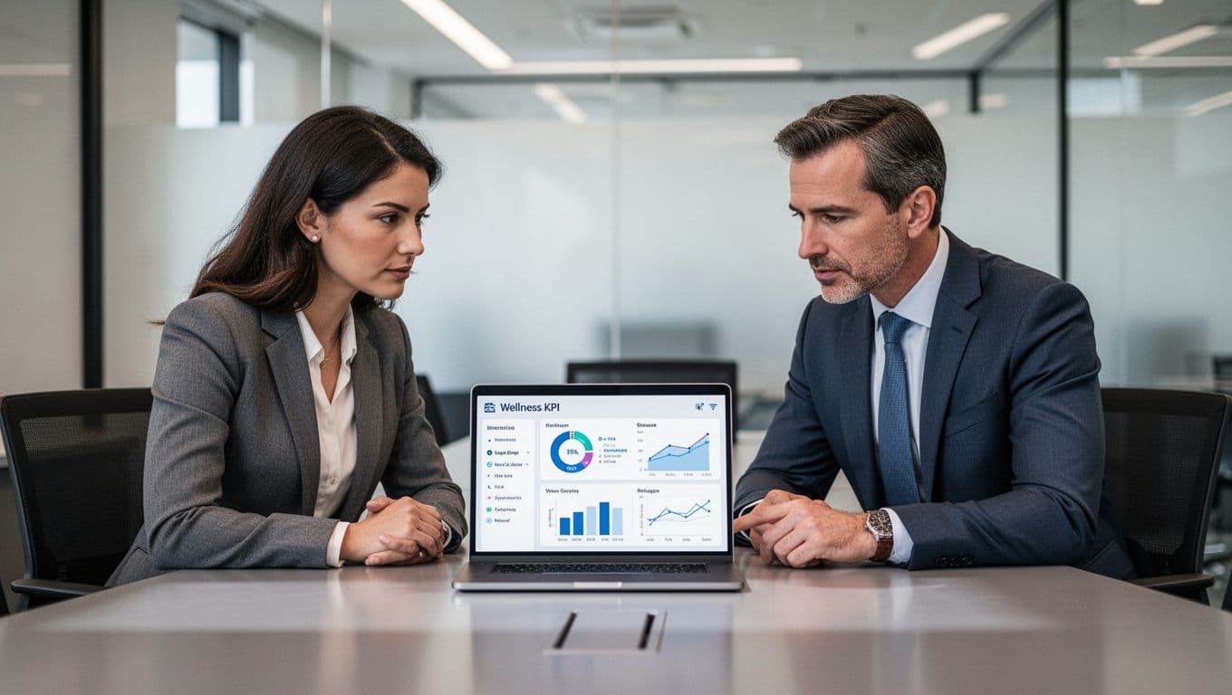 A small diverse team of two HR women and one male CEO in a professional meeting room, collaboratively reviewing a wellness KPIs dashboard on a laptop placed on the table, with focused expressions and soft office lighting.