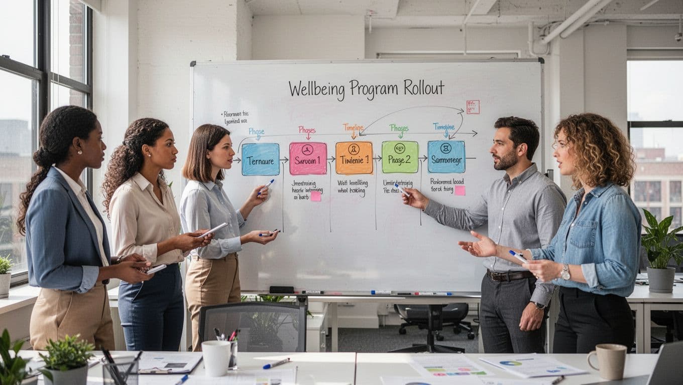 In a bright office filled with natural light, a diverse group of exactly five HR professionals and employees collaboratively plan the rollout of a wellbeing program on a whiteboard displaying timeline phases, in a relaxed and engaging atmosphere.